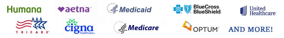 Accepted insurance logos including Humana, Aetna, Cigna, Medicaid, Medicare, BlueCross BlueShield, TRICARE, Optum and UnitedHealthcare